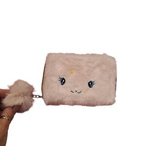 Cute Furry Cat Face Wallet with Pom PomKeychain. Tail Zipper